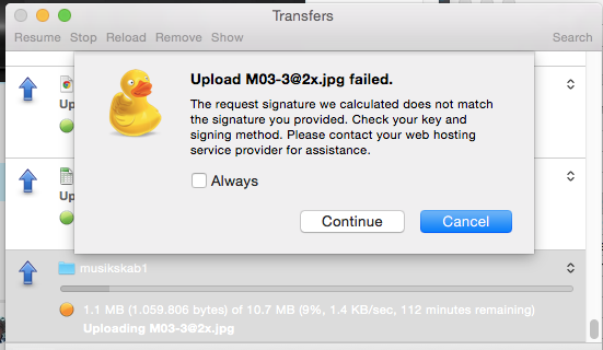 cyberduck s3 upload failed