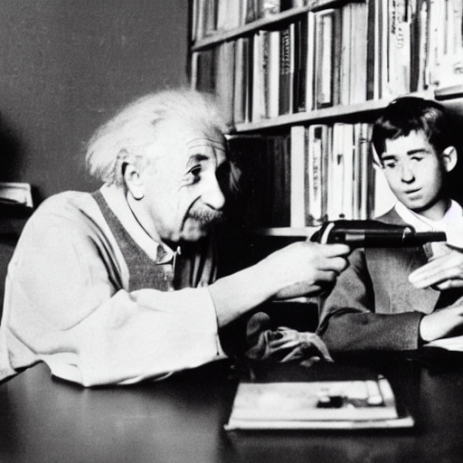 1597874330_Albert_Einstein_talking_to_a_young_reporter_Young_report_is_blurry_in_the_foreground_and_holding_a_recording_device._Black_and_white_photography._In_his_study._1